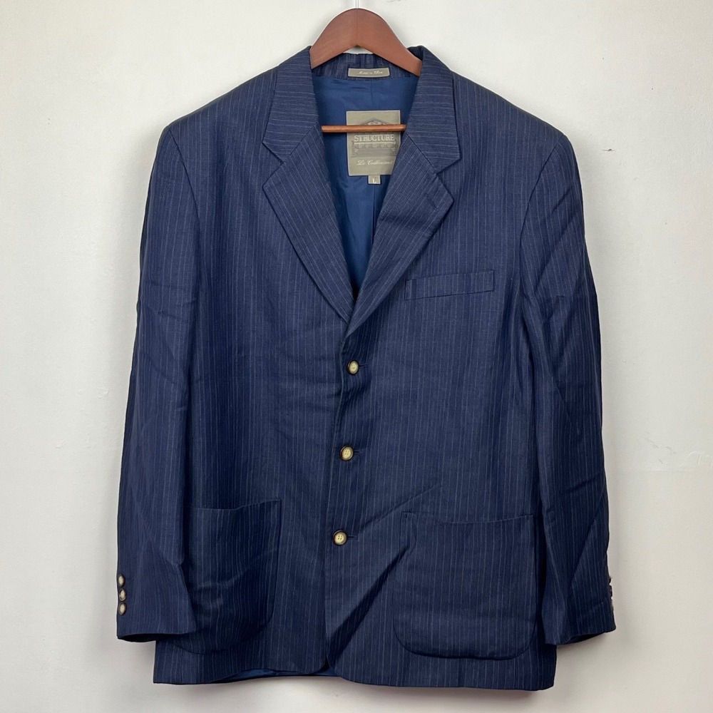 Structure Le Collezioni Mens  Blue Pinstripe Linen Blend Blazer Jacket L Vintage